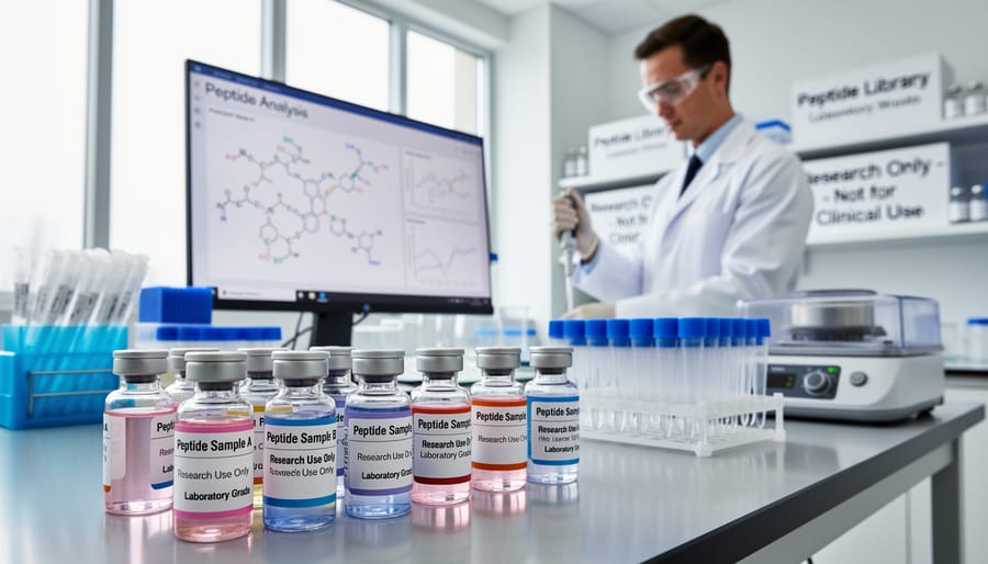 Gloved hands holding a clear vial of liquid on a lab bench